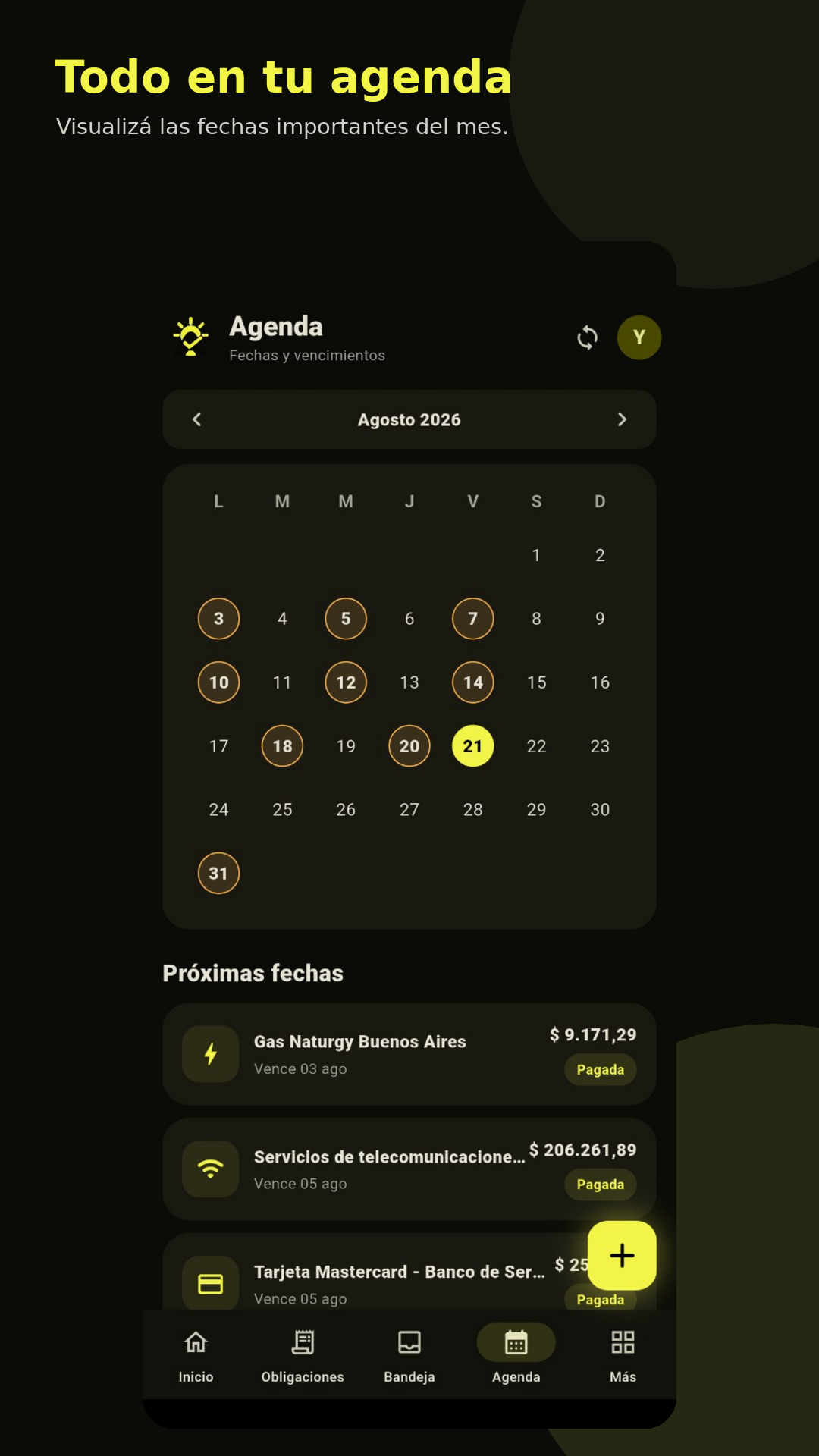 Agenda mensual de AlDía con fechas y próximos vencimientos