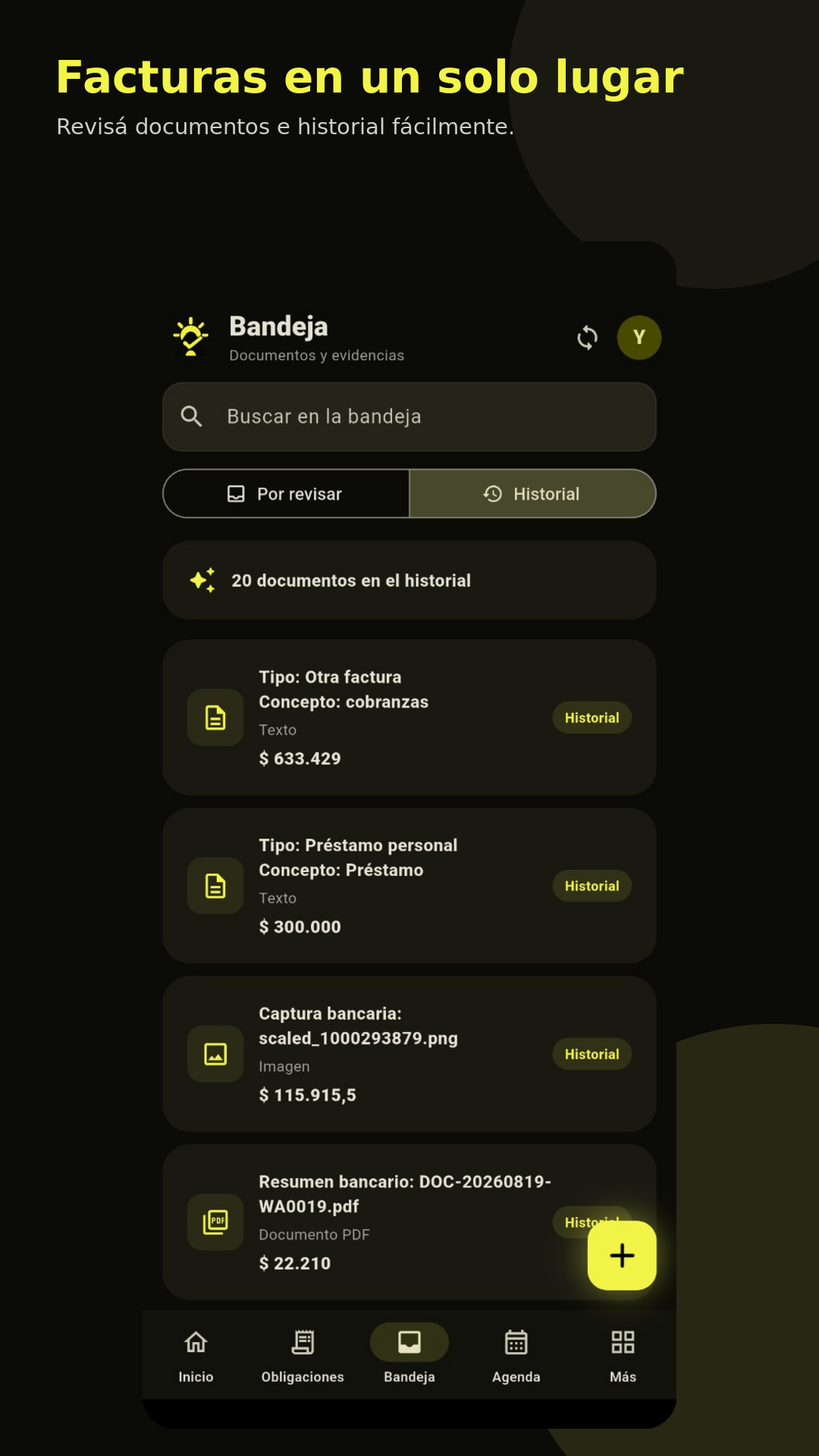 Bandeja e historial de documentos de AlDía
